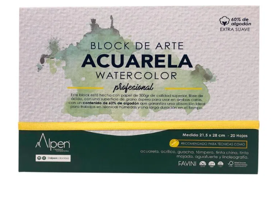 BLOCK ACUARELA 60 PORCIENTO ALGODÓN PROFESIONAL GRANO GRUESO 21.5 CM. X 28 CM. 300 G. 20 H. ALPEN