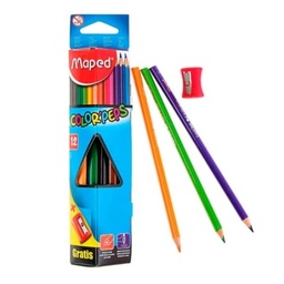 [04005112] CRAYON DE MADERA MAPED 183213 COLOR PEPS TRIANGULAR LARGO+SACAPUNTA, 12 COLORES